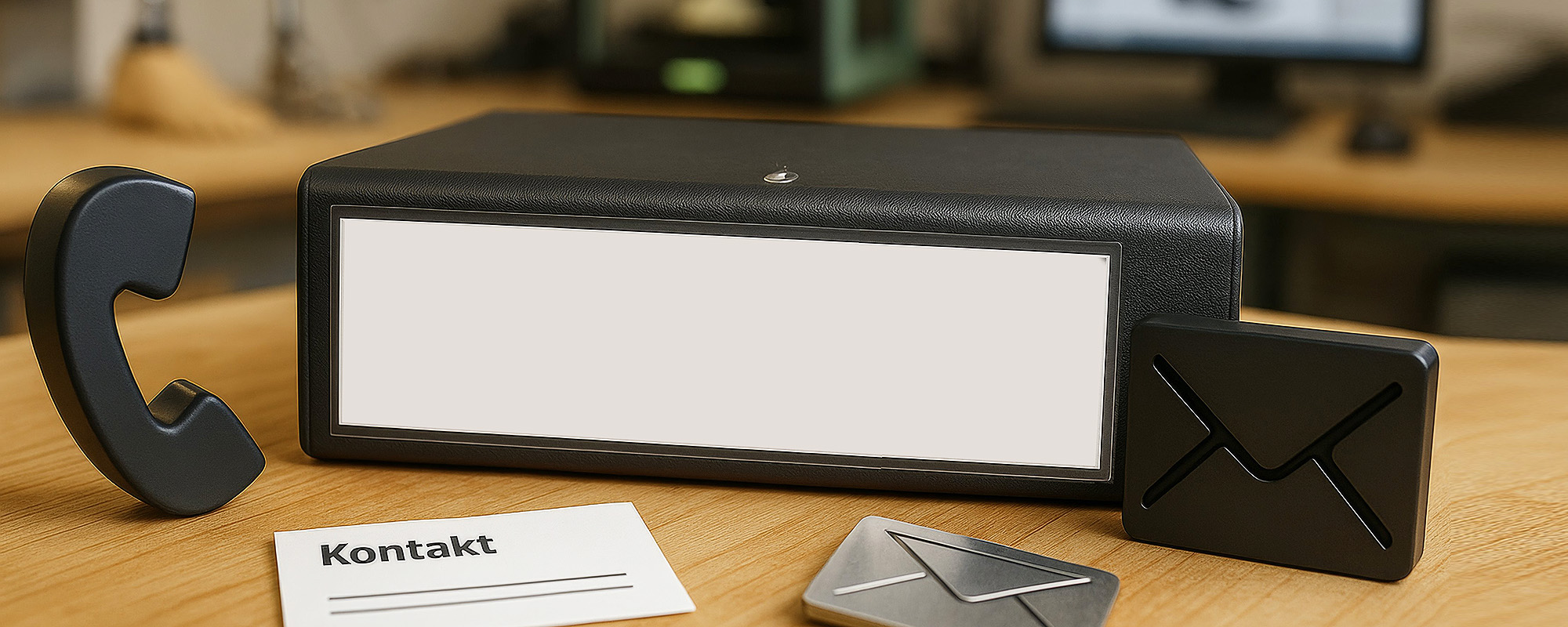Kontaktmotiv mit Telefon- und Briefsymbolen sowie einem leeren Namensschild auf einem Schreibtisch